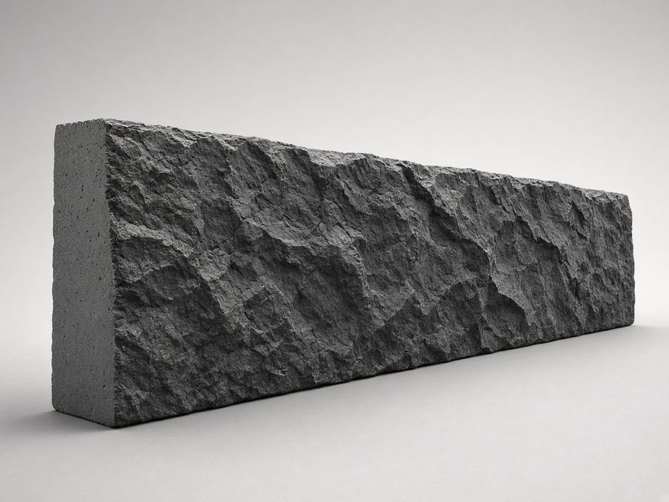 Charcoal rock-face concrete retaining-wall sleeper on a studio backdrop