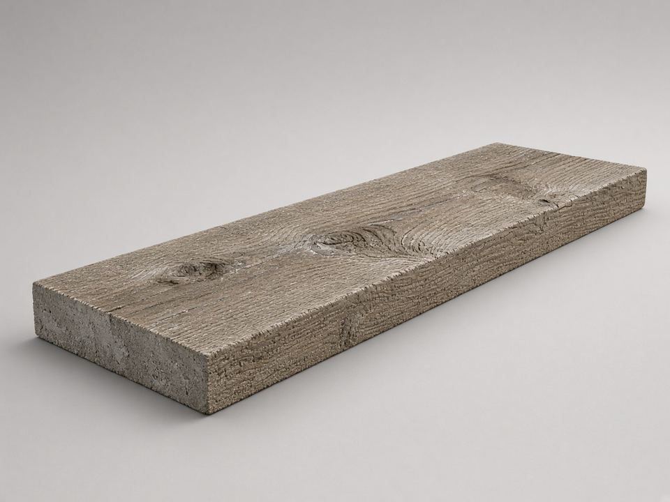 Timber-look woodgrain concrete retaining-wall sleeper on a studio backdrop
